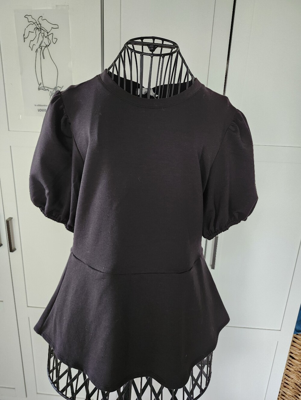 Cable & Gauge Black Puff-Sleeve Peplum Tunic Top